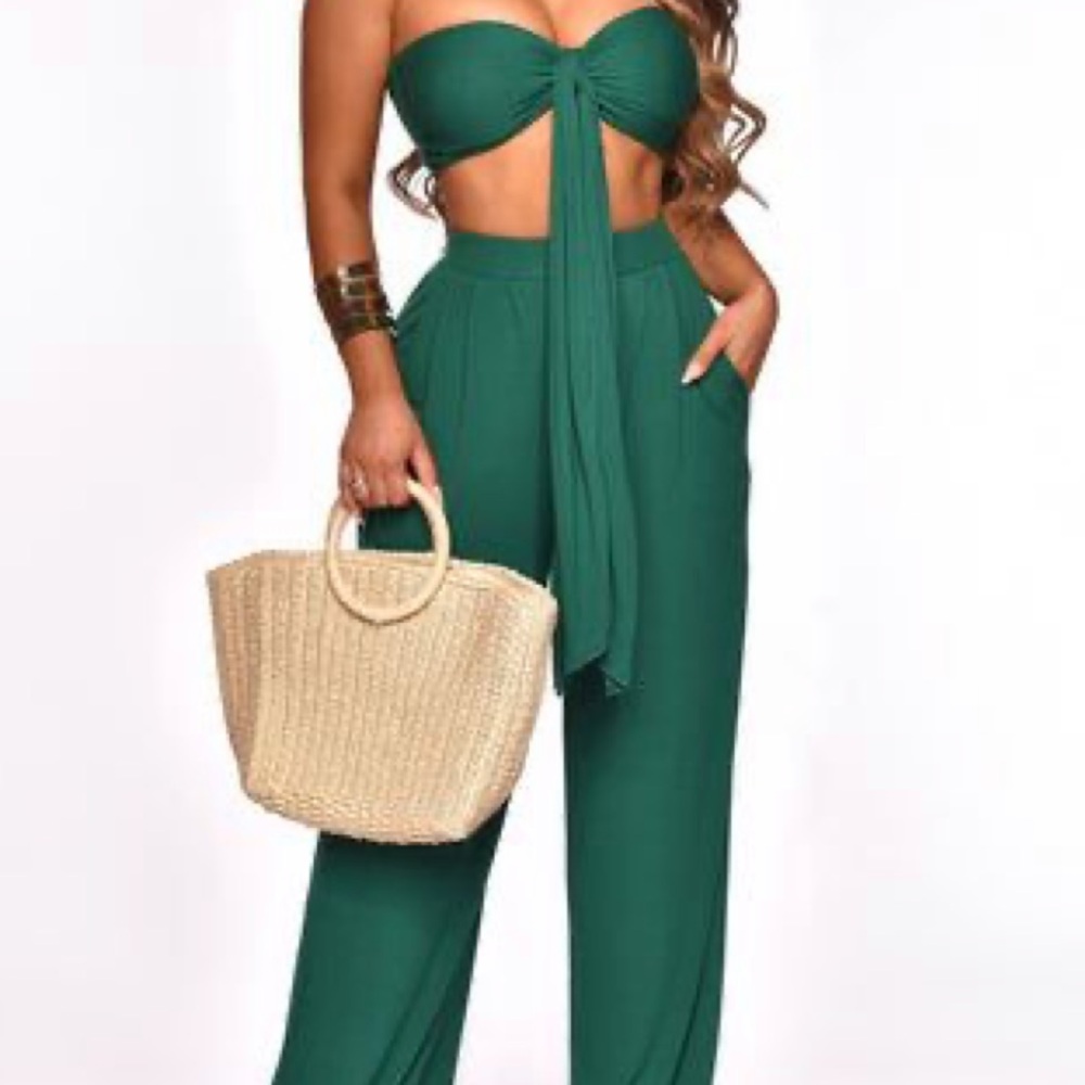 New Emerald Green Wide Leg Jumpsuit with Cutout Detail